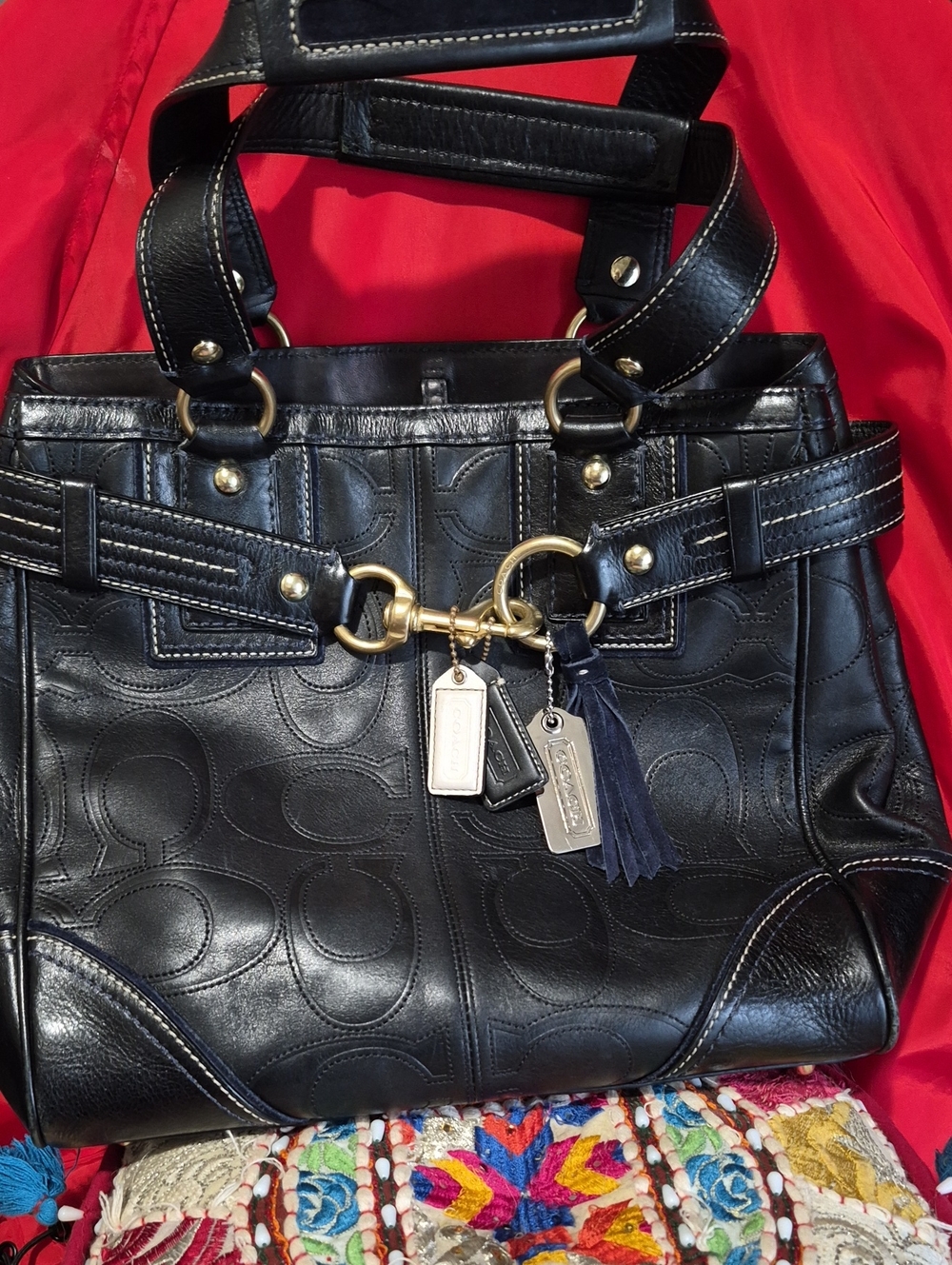 Coach Black Leather Tote with Gold-Tone Hardware and Tassel